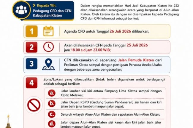 PENGUMUMAN: Penyesuaian Jadwal CFD & Pelaksanaan Car Free Night (CFN) Kabupaten Klaten
