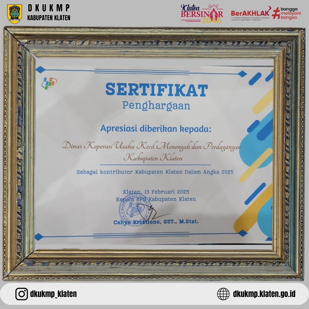 DKUKMP Kabupaten Klaten Menerima Penghargaan dari BPS Kabupaten Klaten