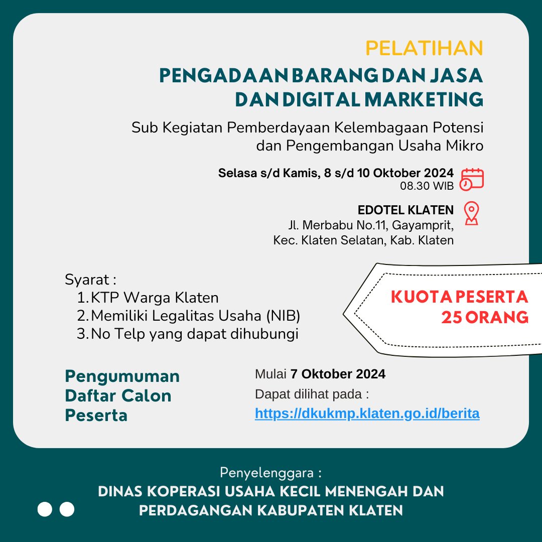 Pendaftaran Peserta Pelatihan Pengadaan Barang & Jasa dan Digital Marketing