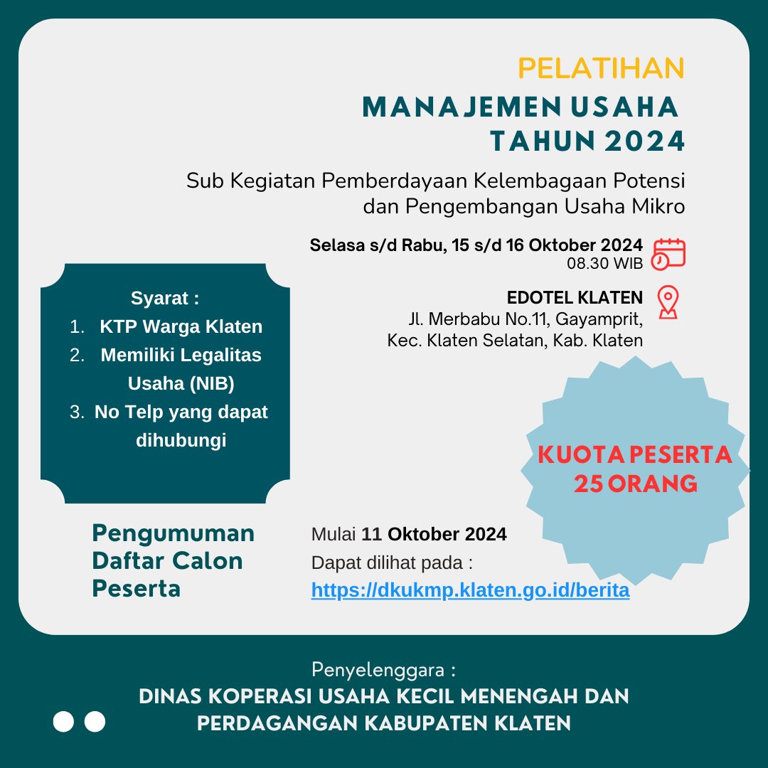 Pendaftaran Peserta Pelatihan Manajemen Usaha Tahun 2024