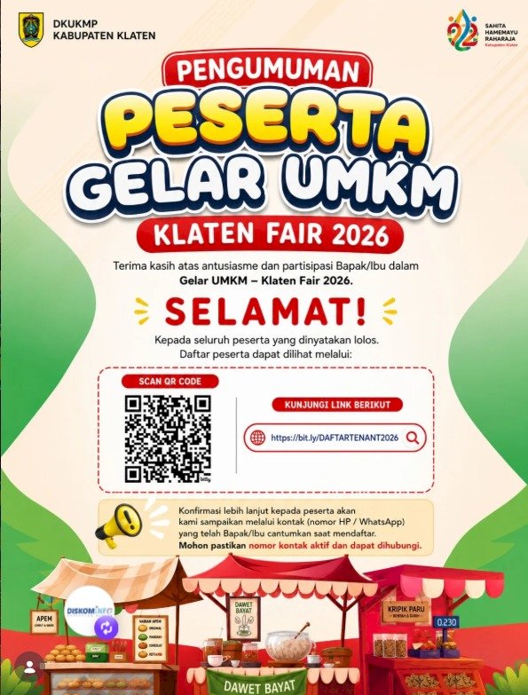 PENGUMUMAN: Daftar Peserta Lolos Seleksi Tenant Gelar UMKM – Klaten Fair 2026