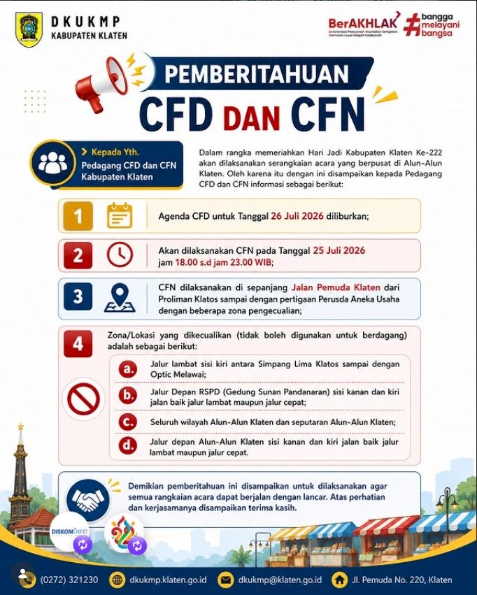 PENGUMUMAN: Penyesuaian Jadwal CFD & Pelaksanaan Car Free Night (CFN) Kabupaten Klaten