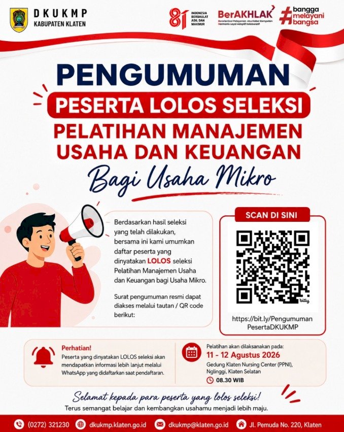 PENGUMUMAN: Daftar Peserta Resmi Lolos Seleksi Pelatihan Manajemen Usaha dan Keuangan bagi Usaha Mikro