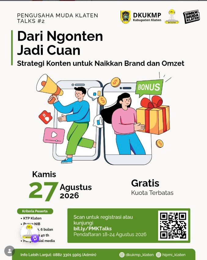PENDAFTARAN: Dorong Ekosistem Wirausaha Lokal, DKUKMP & HIPMI Klaten Gelar Pengusaha Muda Klaten Talks #2